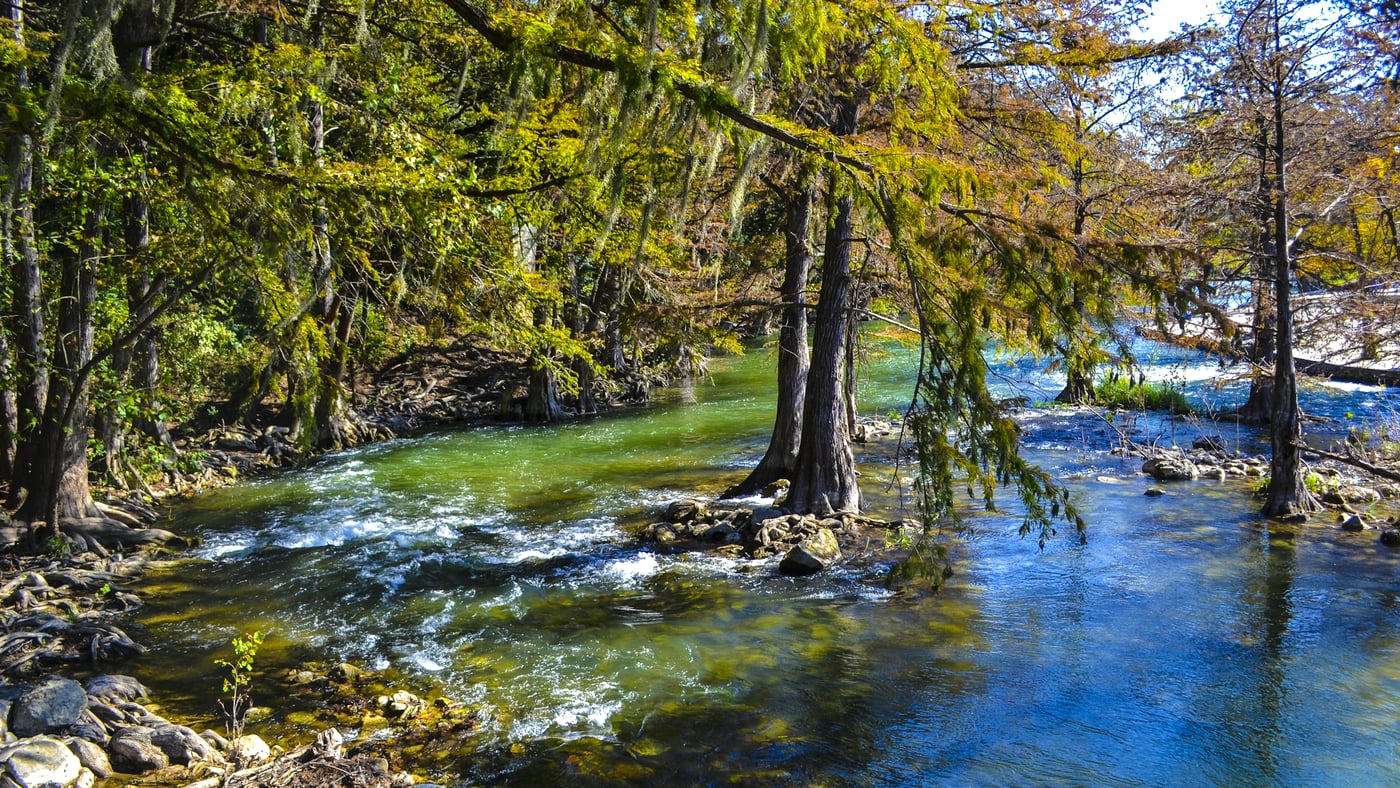 Clear, cypress-lined Hill Country river near New Braunfels
